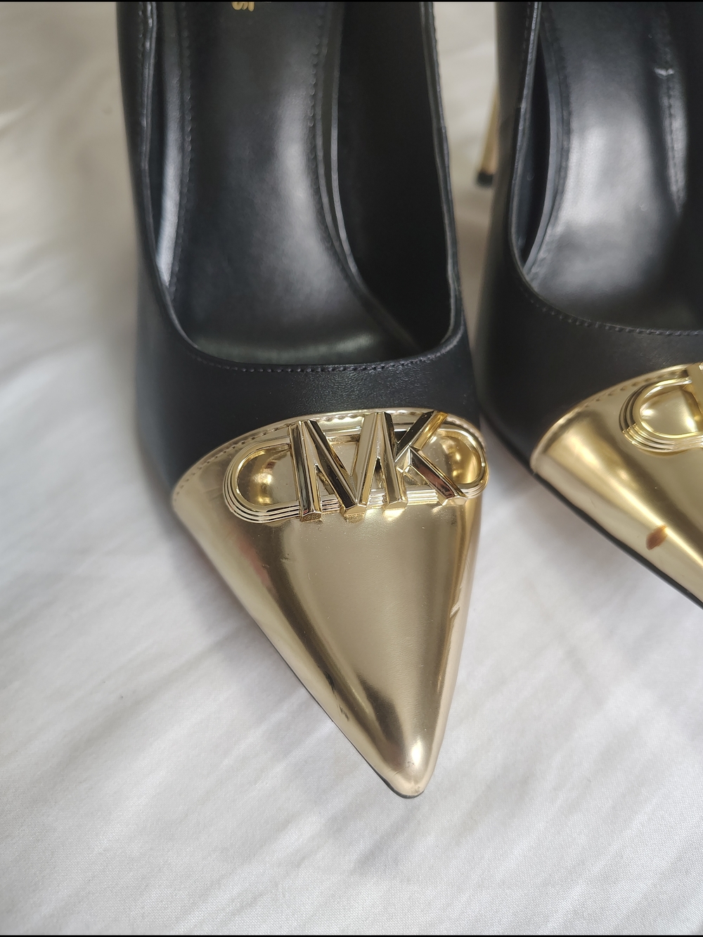 Michael Kors Black Leather Pointed Toe Pumps with Gold Caps - Picture 14 of 15